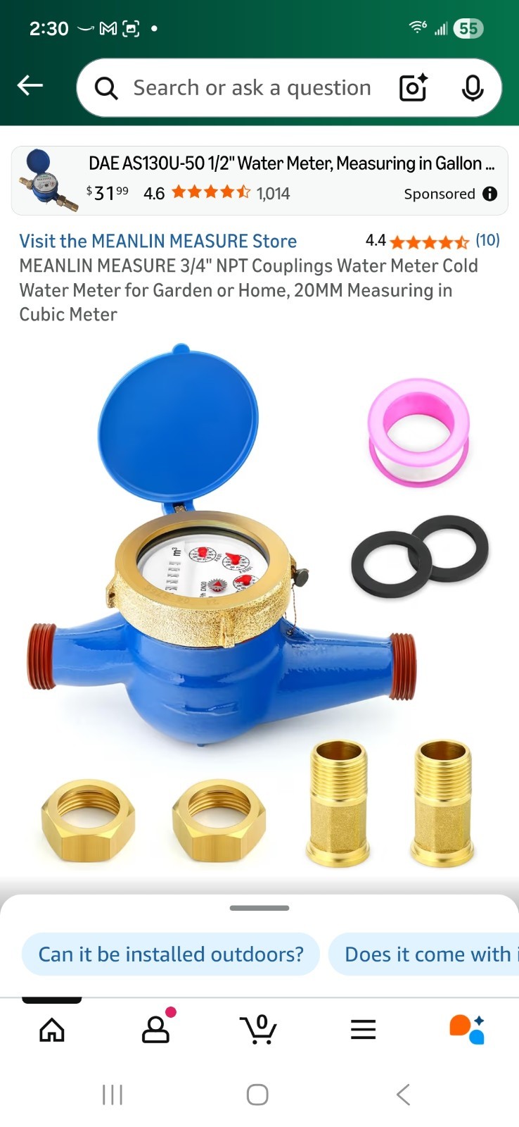MEANLIN MEASURE 3/4" NPT Couplings Water Meter Cold for Garden...