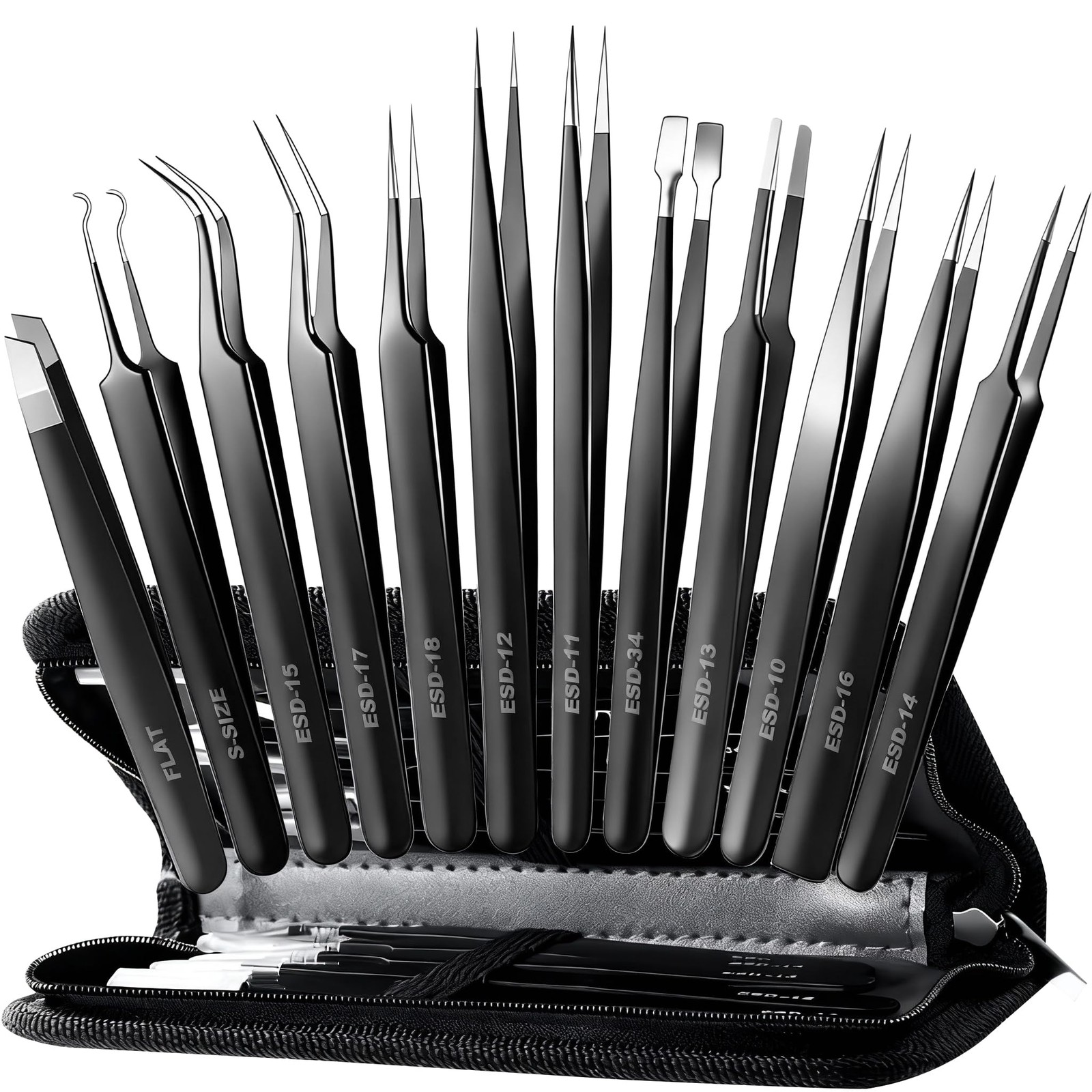 Antonki 12 Pack Precision Tweezers 12 W/ Case - Full Black