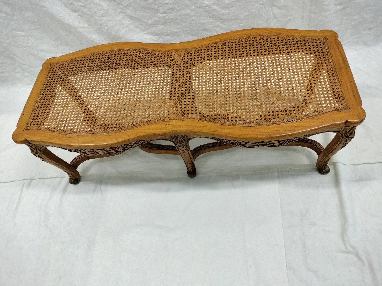 Mid- 20th Century Vintage Wood Carved Cane Seat Bench 44.5"Wx 19.25"Dx15.5"H