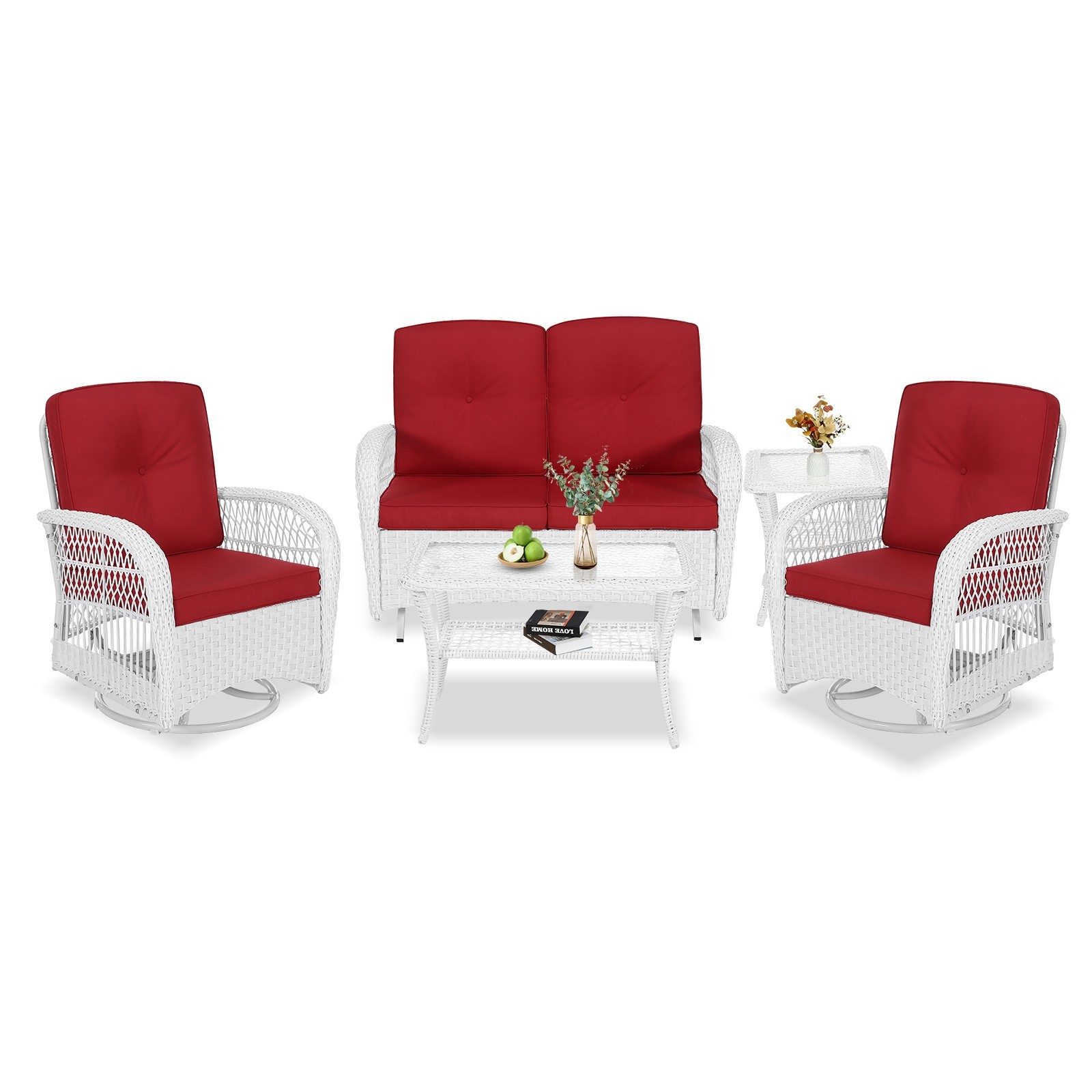 All Weather Patio Rattan Furniture Set Wicker Loveseat Sofa Swivel Chair w/Table