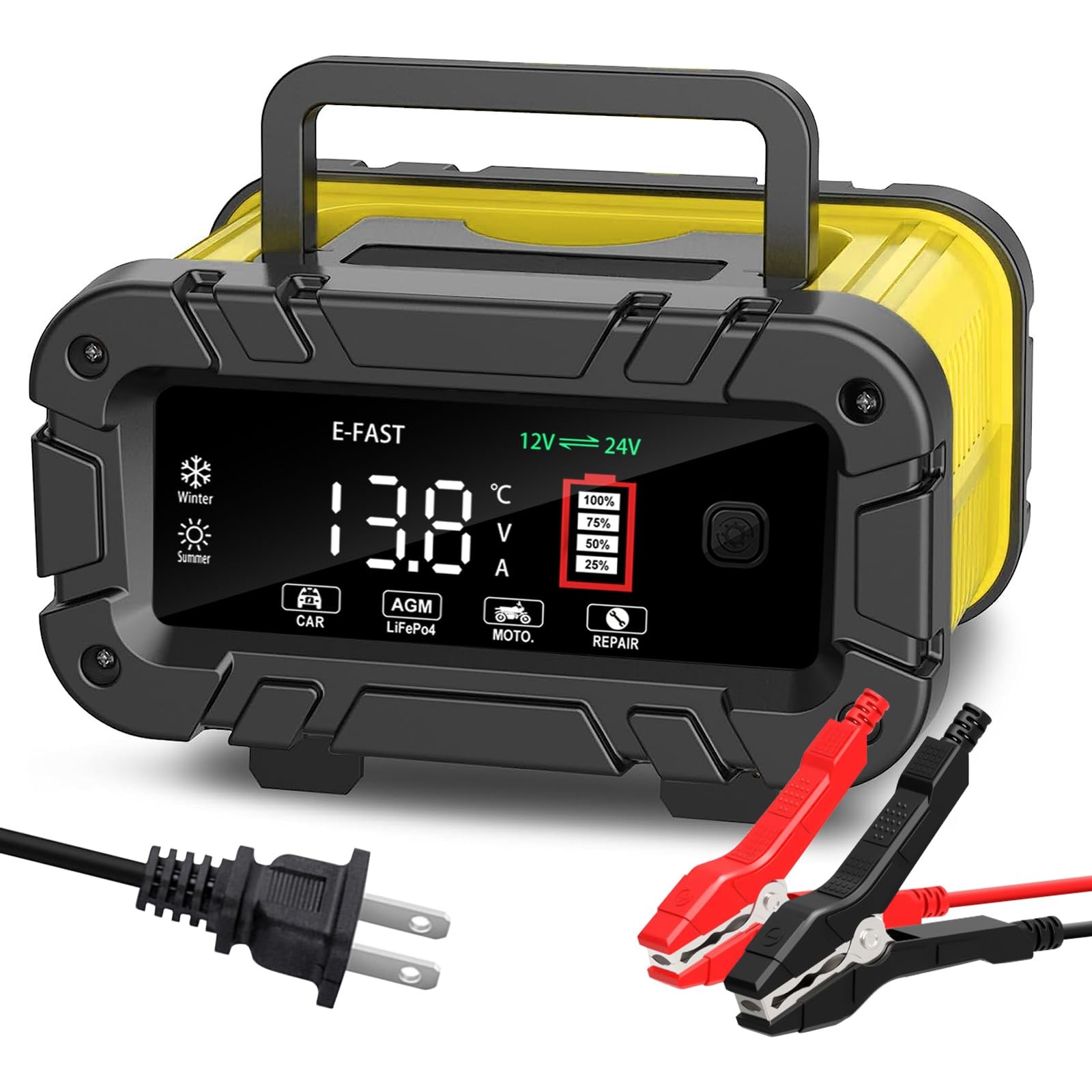 E-FAST 20A Smart Car Battery Charger, 12V 24V Maintainer & Desulfator yellow