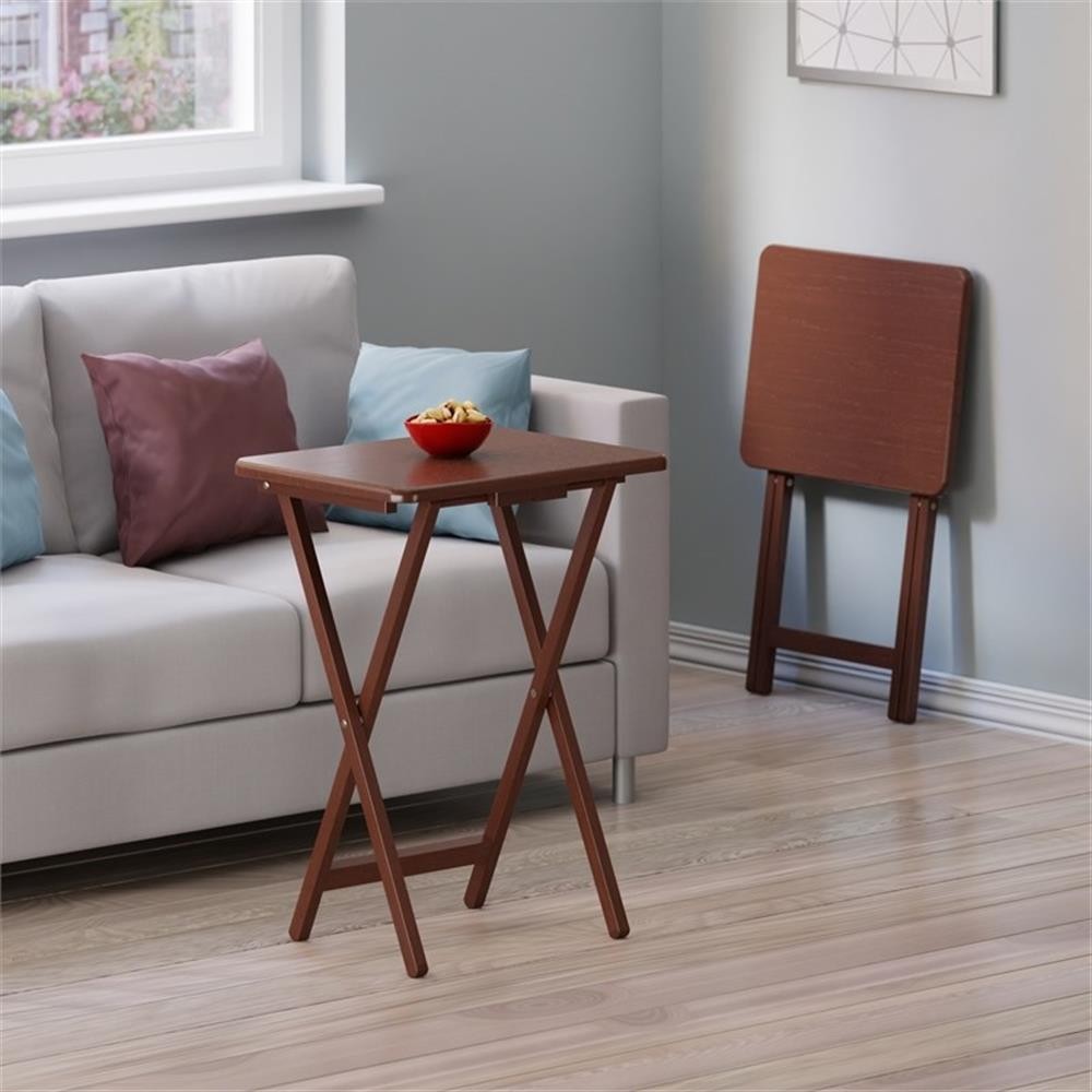 Pemberly Row Contemporary 2-Piece Snack Table Set in Walnut Finish