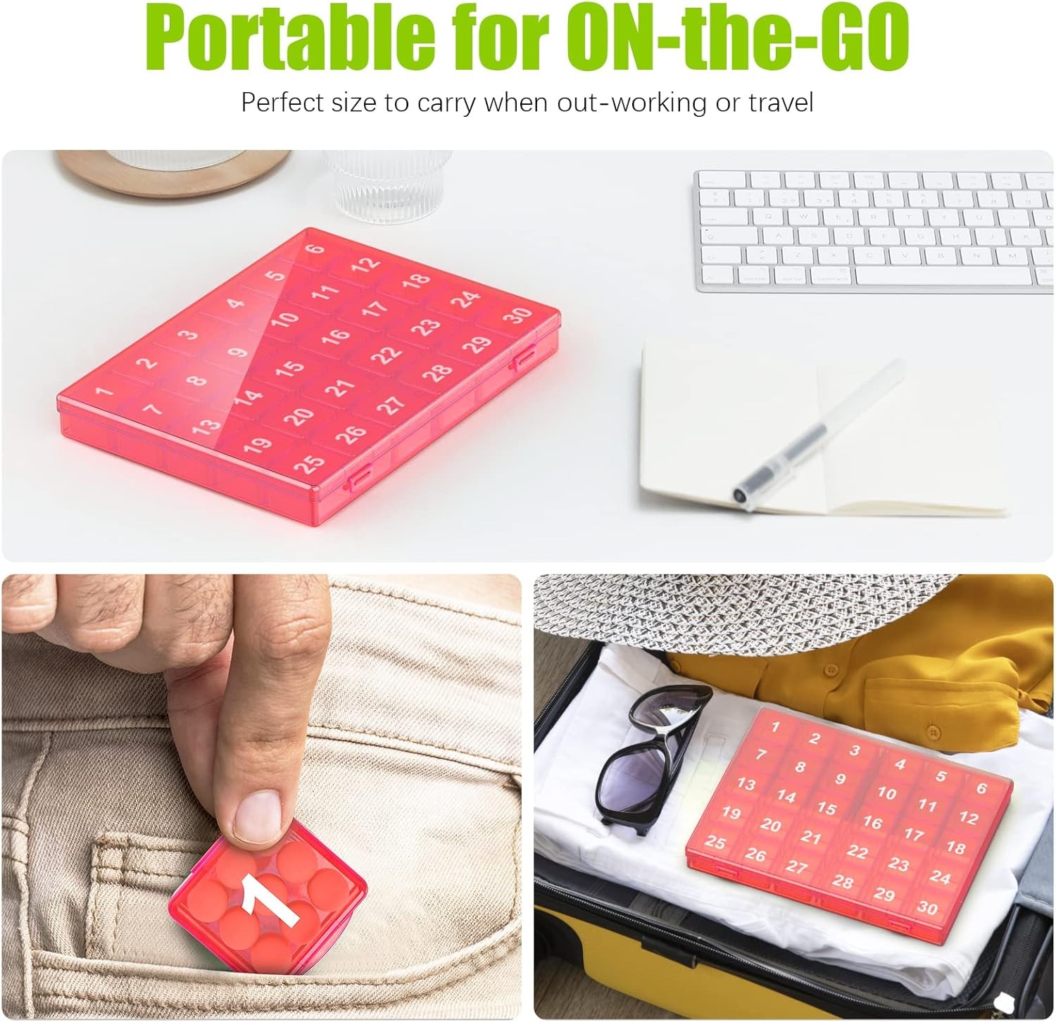 Monthly Pill Organizer Once a Day - 30 Box - Easy to Pink