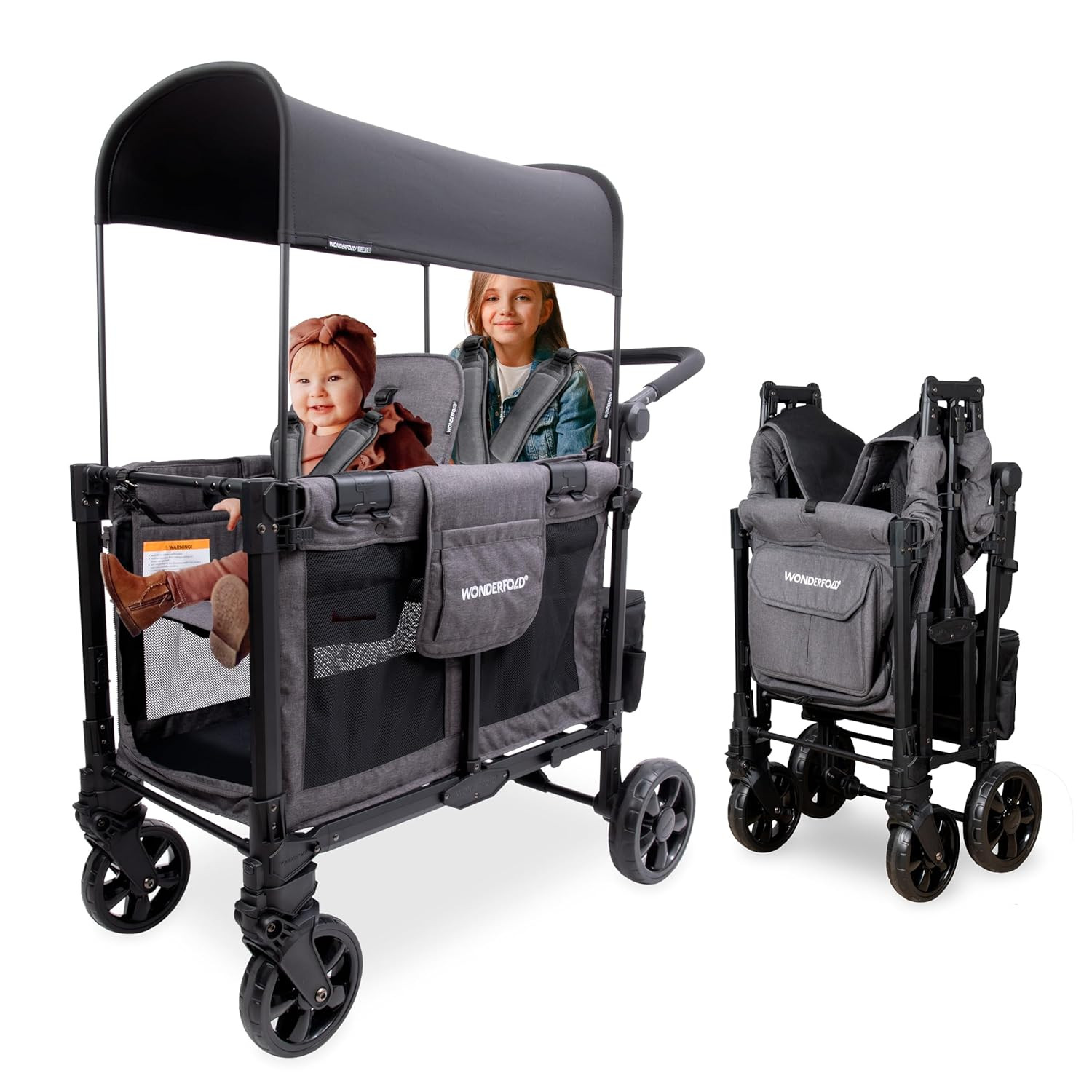 W2 Elite Pro 2-Seater Stroller Wagon - Collapsible with Sun Canopy, Gray