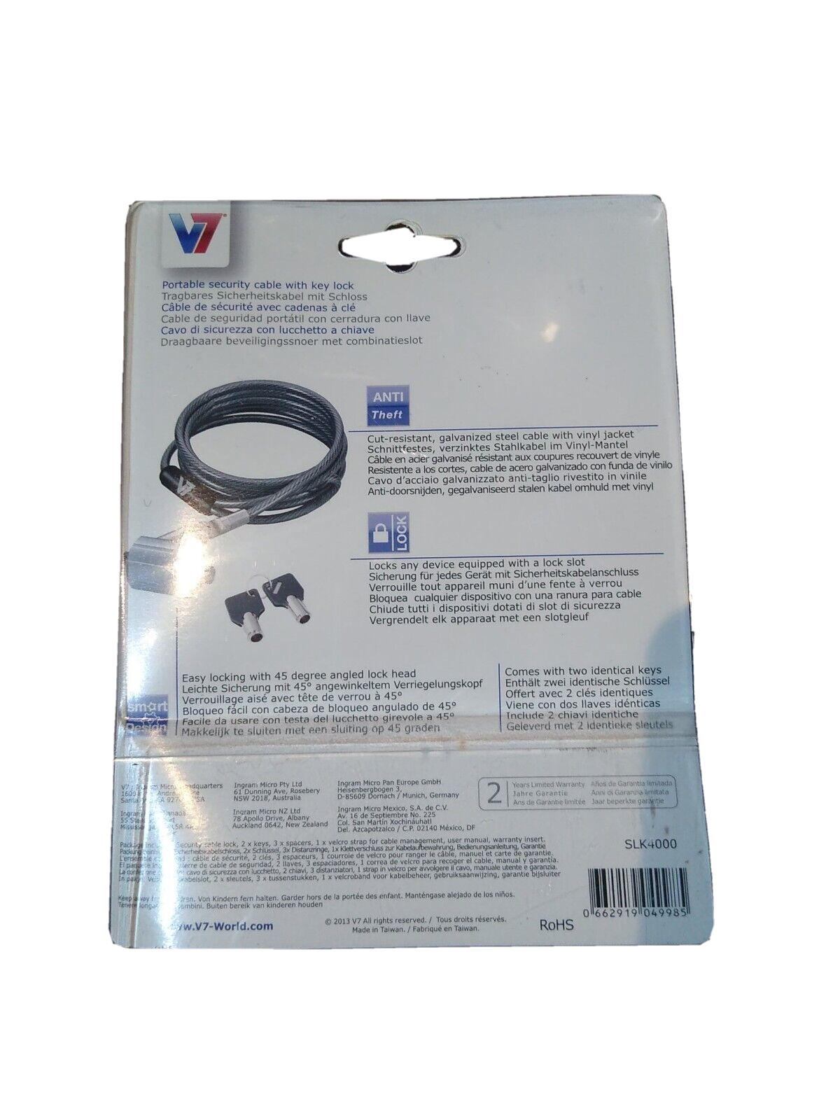 V7 Portable Security Cable with Key Lock 6.5ft (SLK4000)