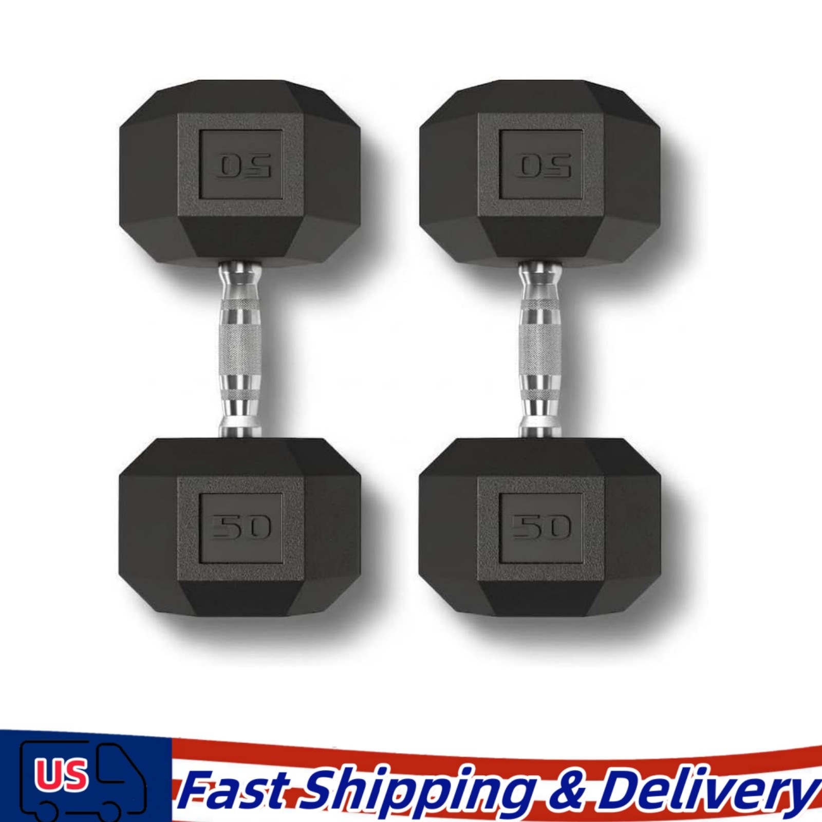 Rubber Encased Hex Dumbbells 50 lbs Pair, Black