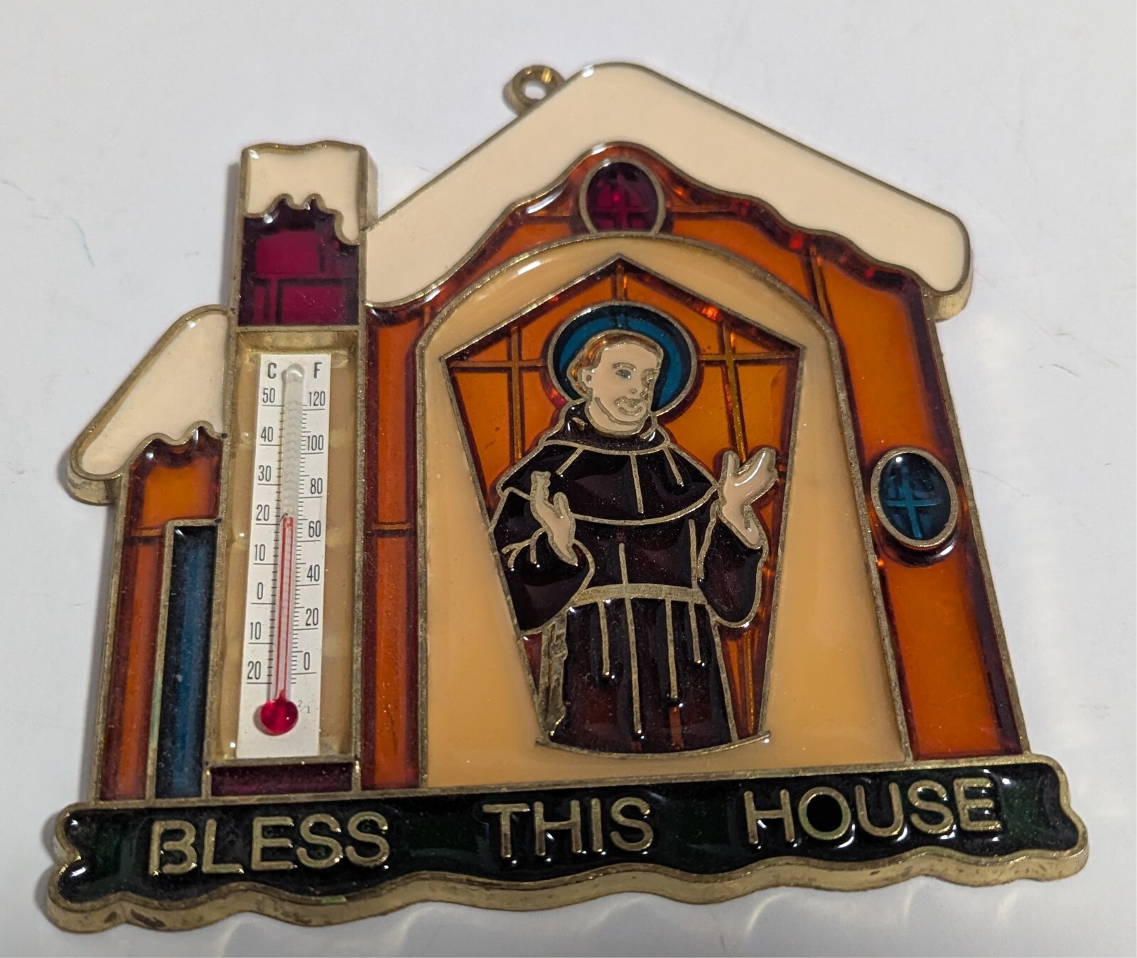 Stained Acrylic Suncatcher Thermometer – St Francis “Bless This House”