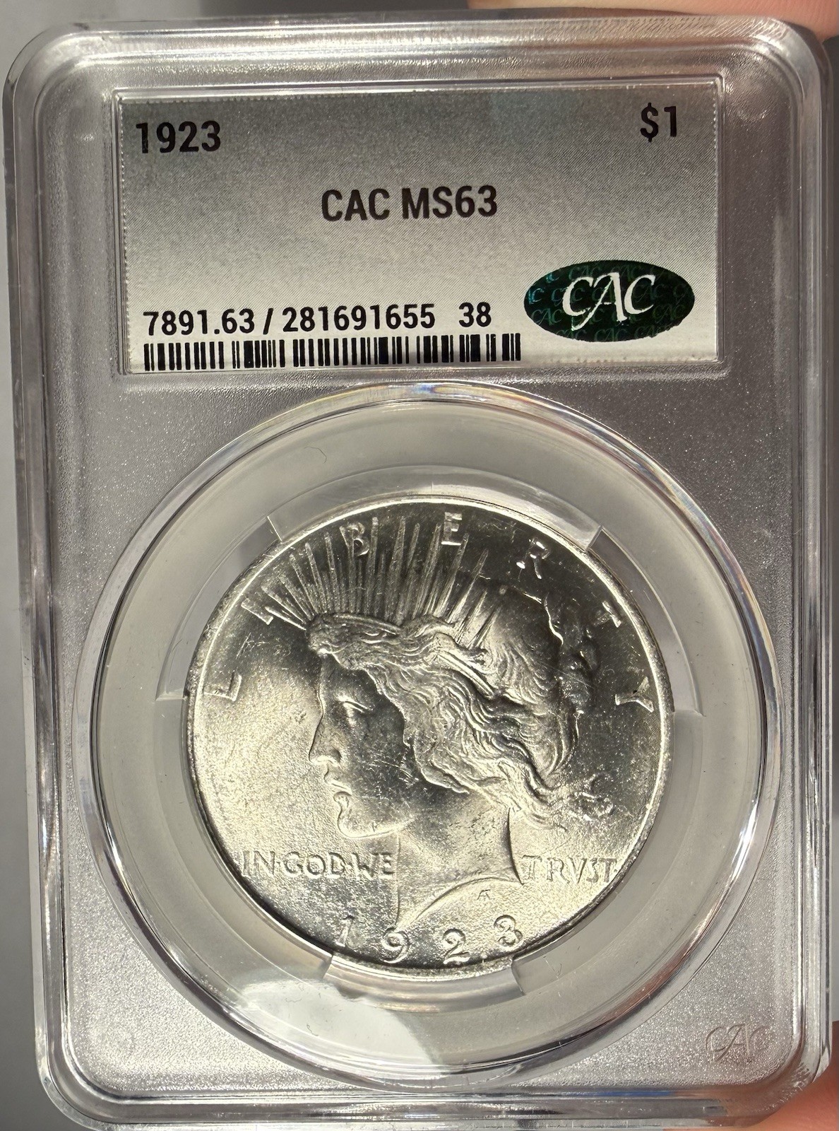 1923 $1 CACG MS 63 CAC Peace Silver Dollar