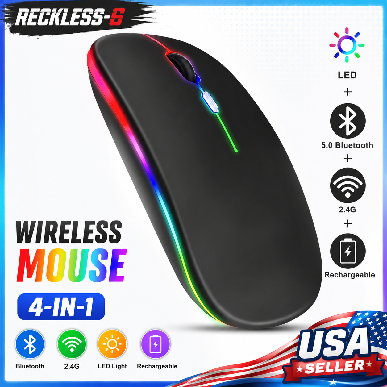 RGB Bluetooth Wireless Mouse Rechargeable Ergonomic USB For PC Laptop iPad
