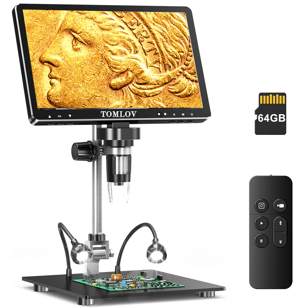 TOMLOV HDMI Digital Microscope 10" 20MP 1500X Coins Microscope Soldering Camera