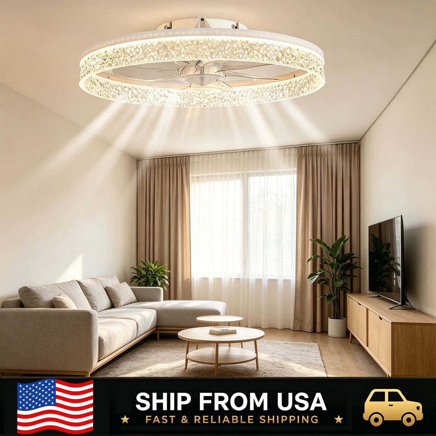 LETRY 13in White Dimmable LED Flush Mount Ceiling Fan Light Remote Control New