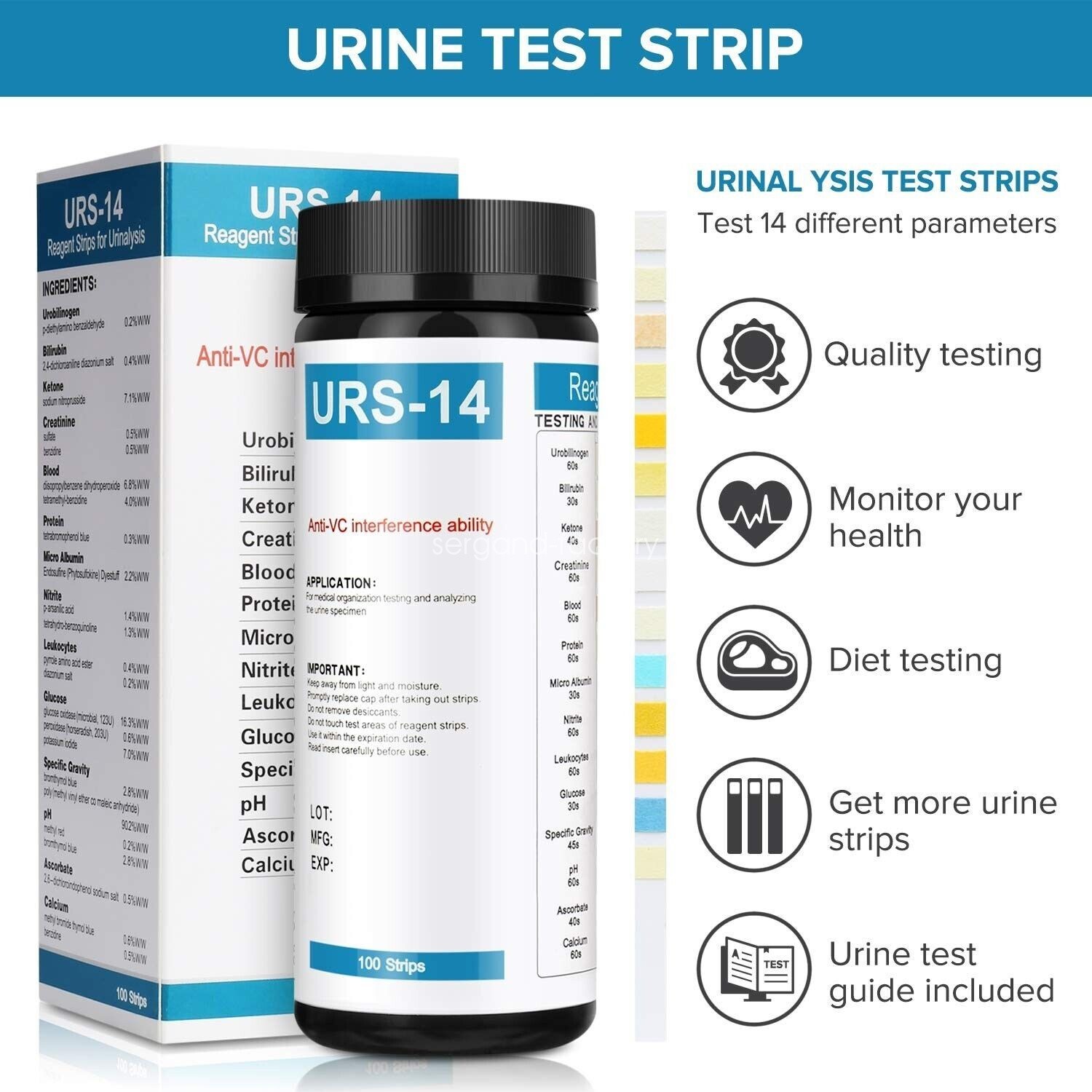 100pcs 14-in-1 Urinalysis PH Test Strips 14 Parameter Urine Analysis Test Strip
