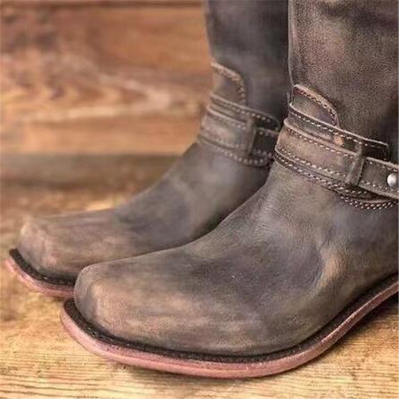 Men's Ankle Boots Leather Motor Cowboy Western Square Toe Zipper Shoes Boot