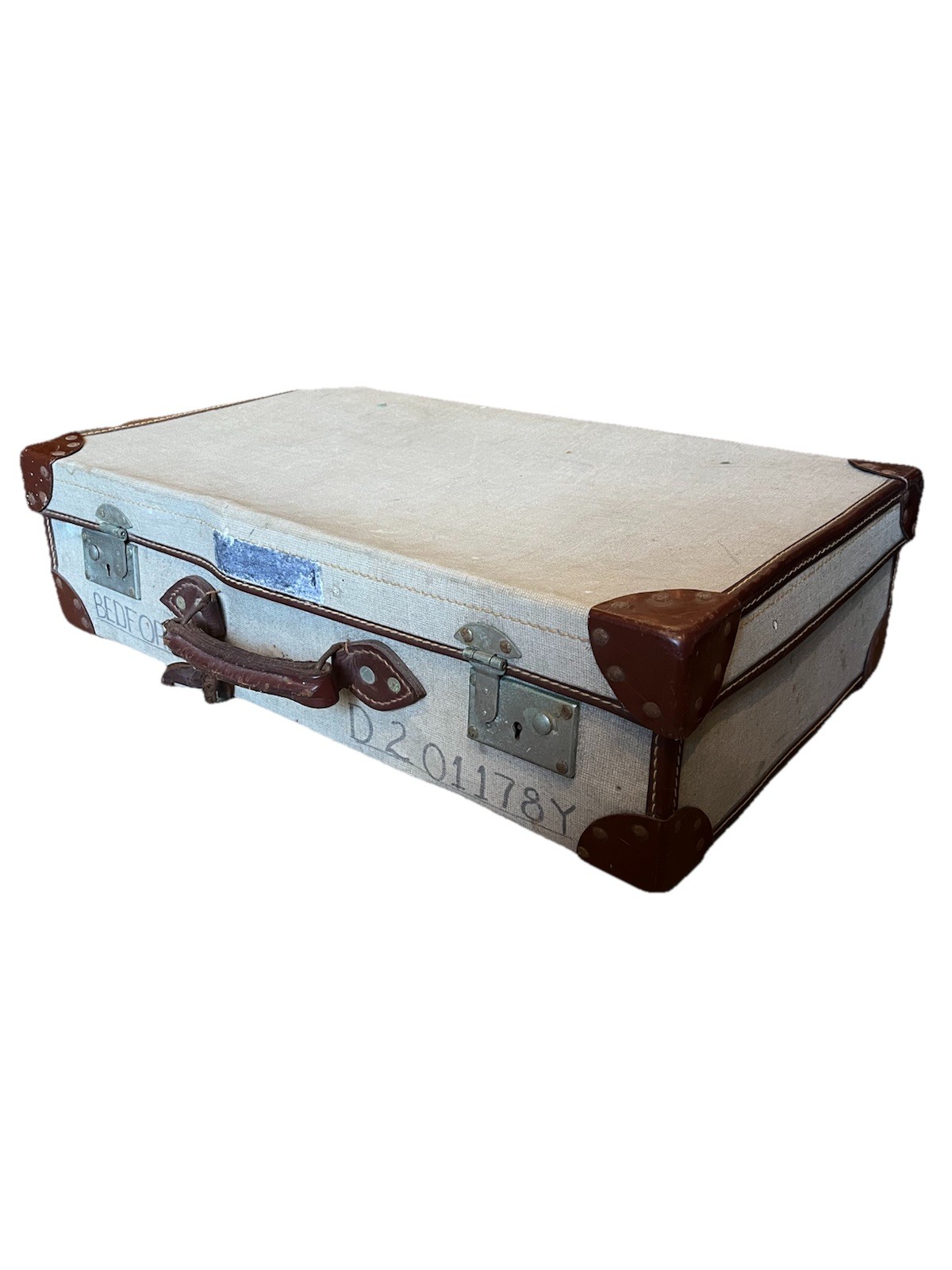 British Army Issue Suitcase Large Vintage Demob Canvas Leather Used Military LN