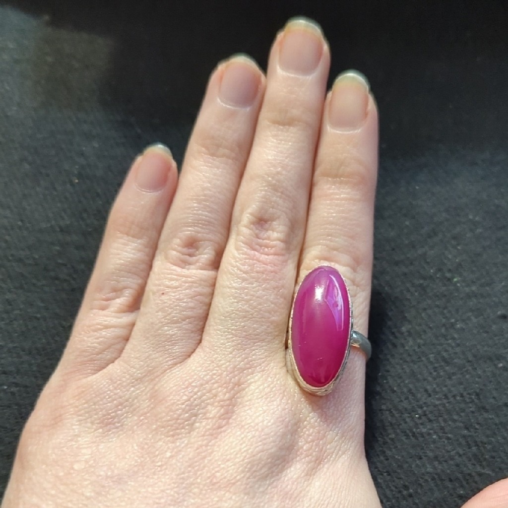 Silver Plated Pink Agate Gemstone Oval Statement Ring - Size 9