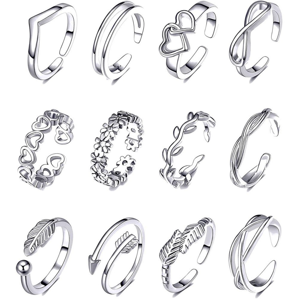 12pcs Toe Rings for Women Silver Adjustable Flower Feather Heart Open Toe Foot