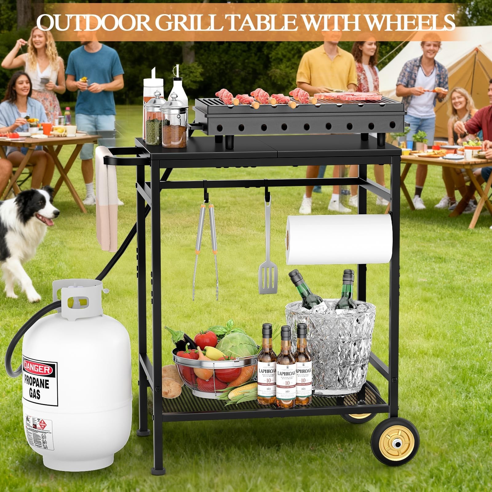 2-Tier Outdoor Grill Table with Wheels, Movable BBQ Prep Station, Rust-Resistant