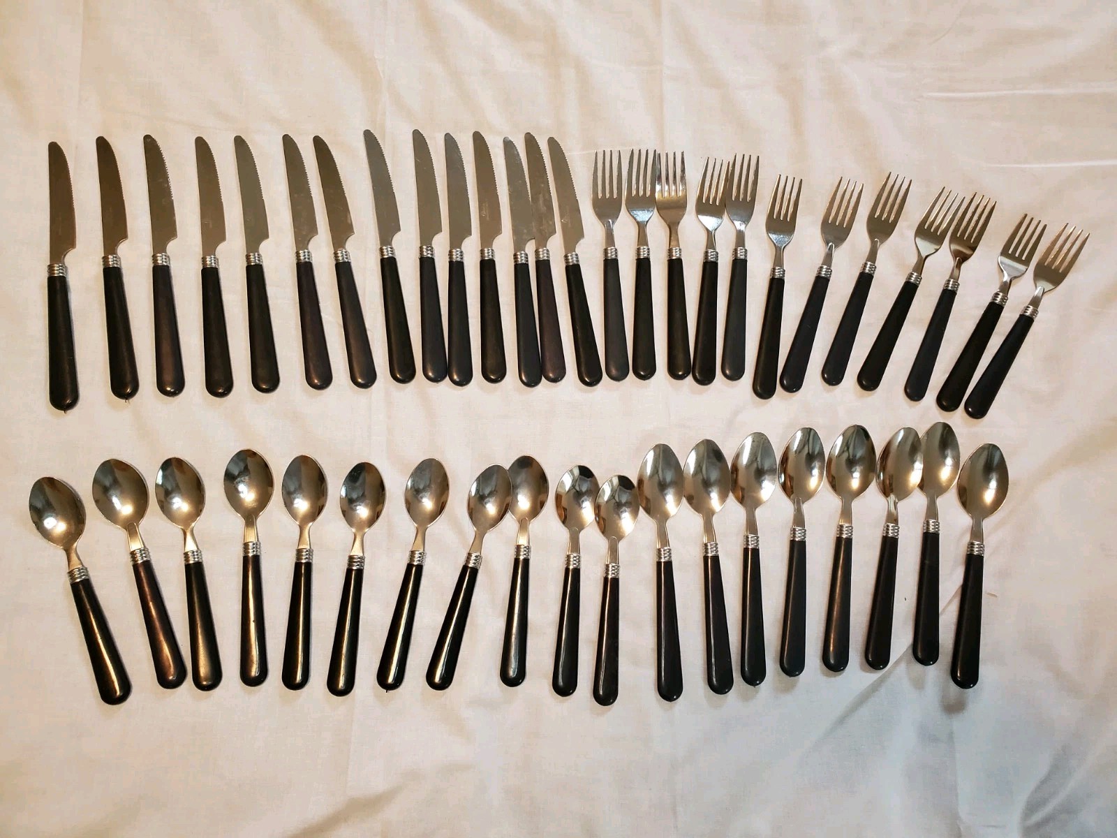 GIBSON Stainless Steel Black Plastic Handle Flatware 45 Pc Lot Knife Spoon Fork