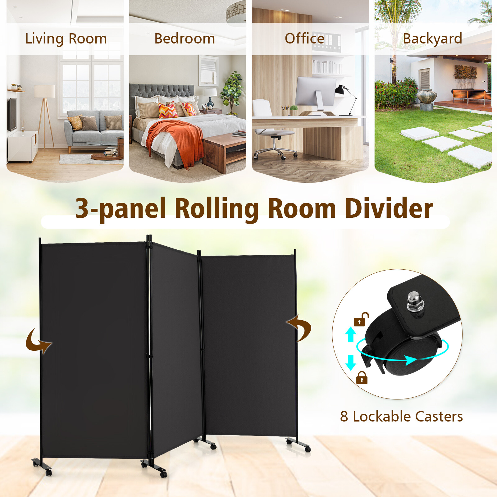 3-Panel Folding Room Divider 6Ft Rolling Privacy Screen w/Lockable Wheels Grey