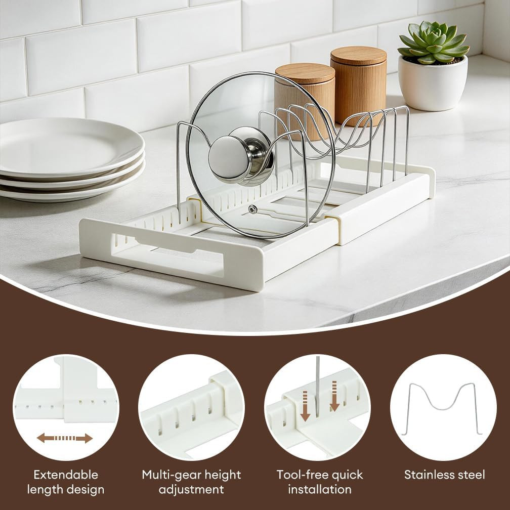Adjustable Pot & Pan Organizer – Expandable 12"-22" Lid Rack for Cabinets