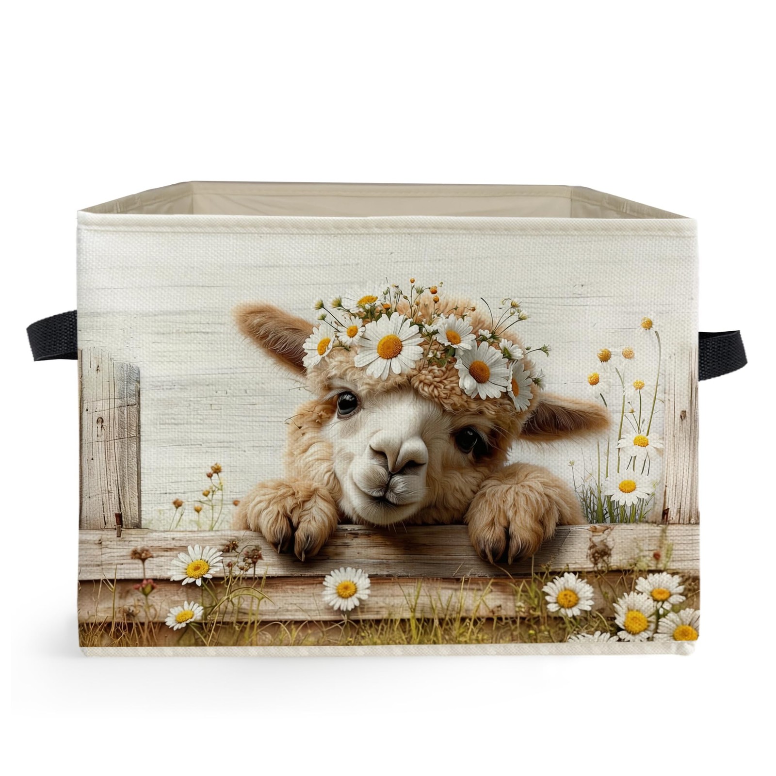 Rustic Daisy Alpaca Storage Box Bins, Farmhouse Floral Cute Llama Collapsible...