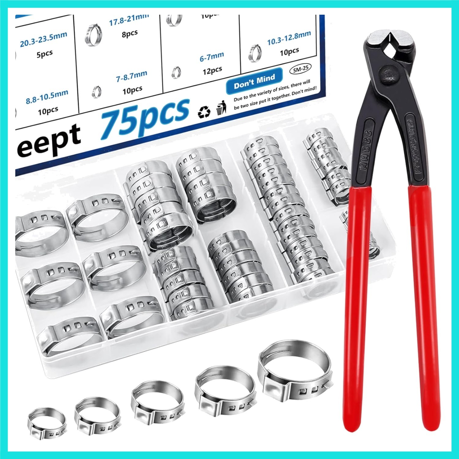 75Pcs 8-Sizes 304 Stainless Steel Single Ear Hose Clamps with Ear clamp plier...