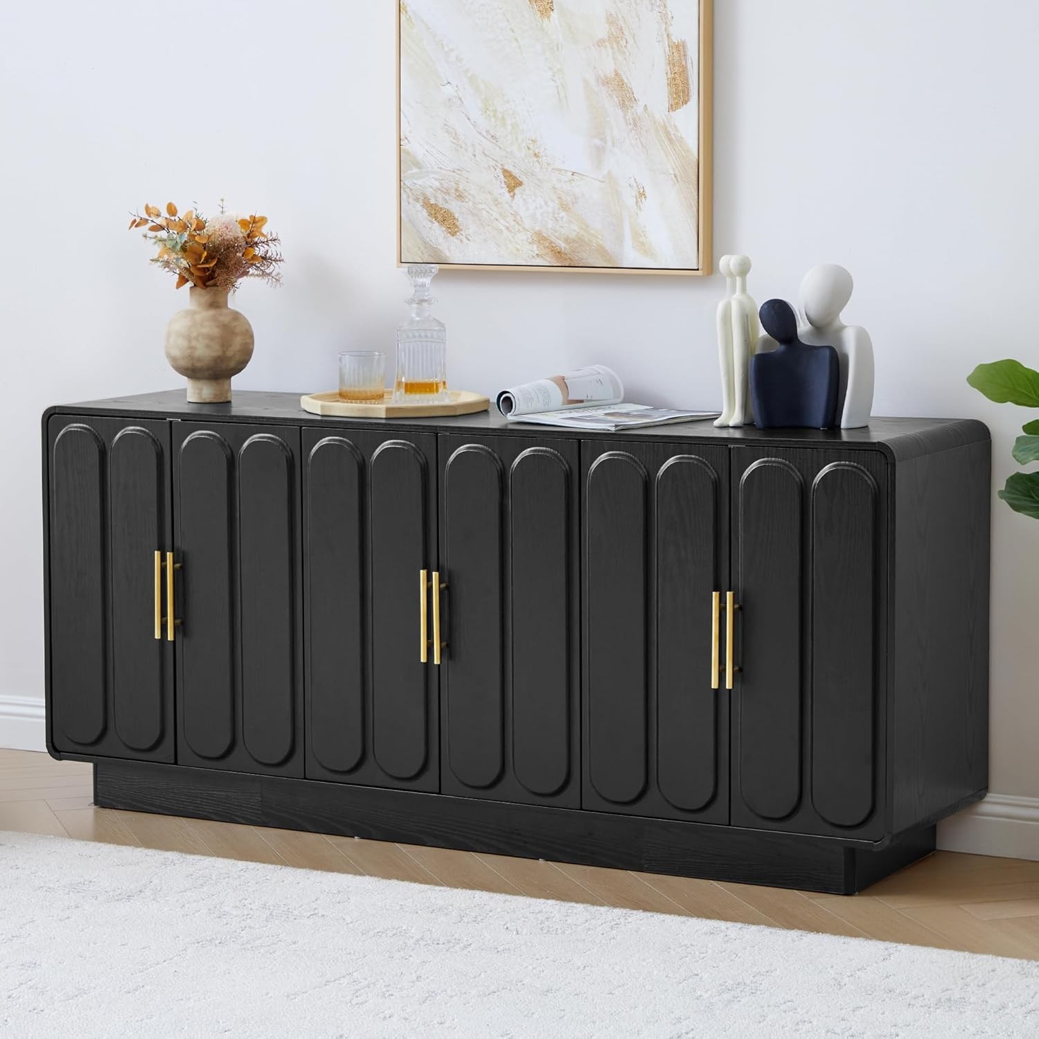 63" Modern Buffet Cabinet with Stora, Lar Arched Crnza with 6 Doors