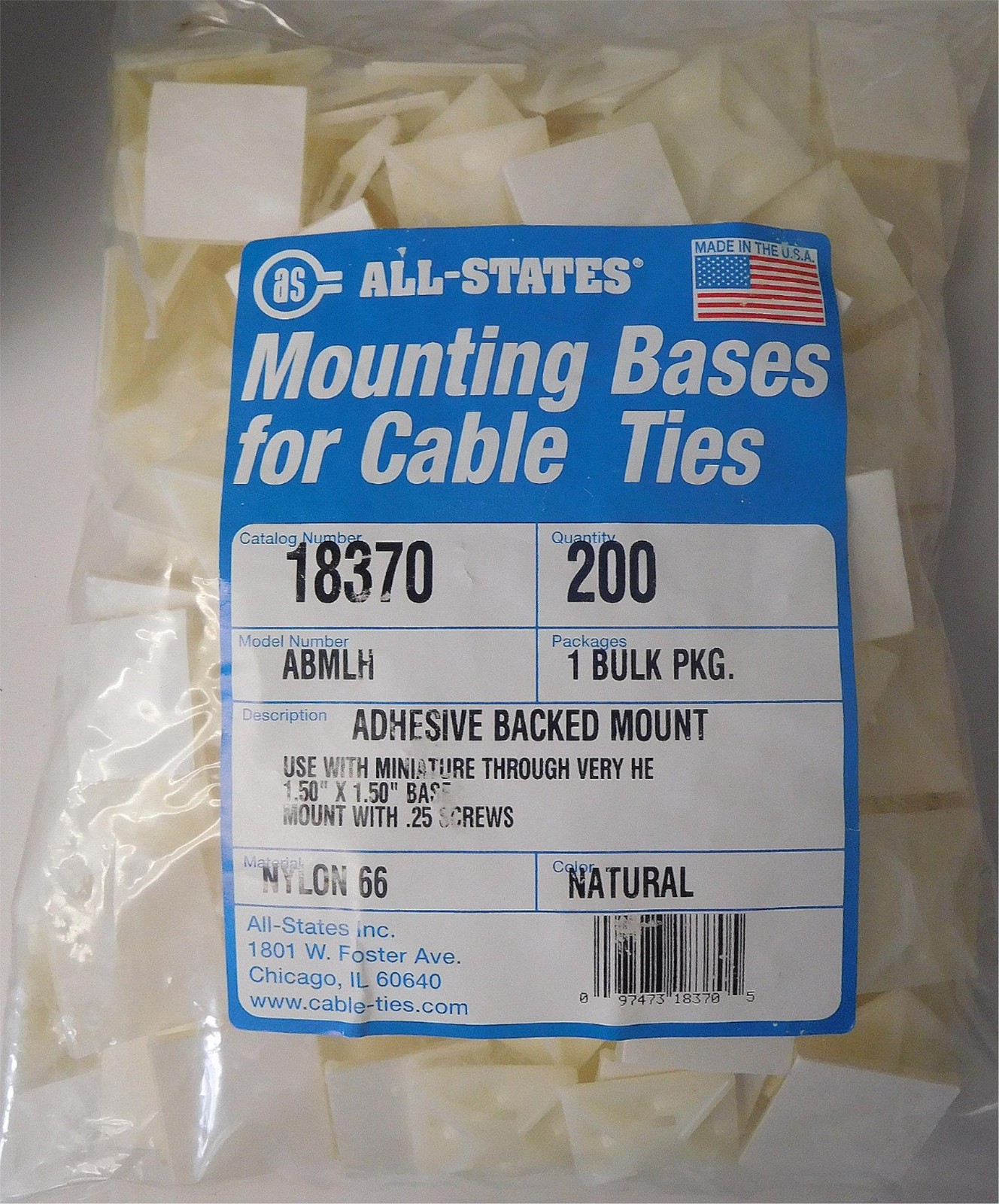 All-States 18370 1.5" x 1.5" Mounting Bases for Cable Ties 200 Pack USA