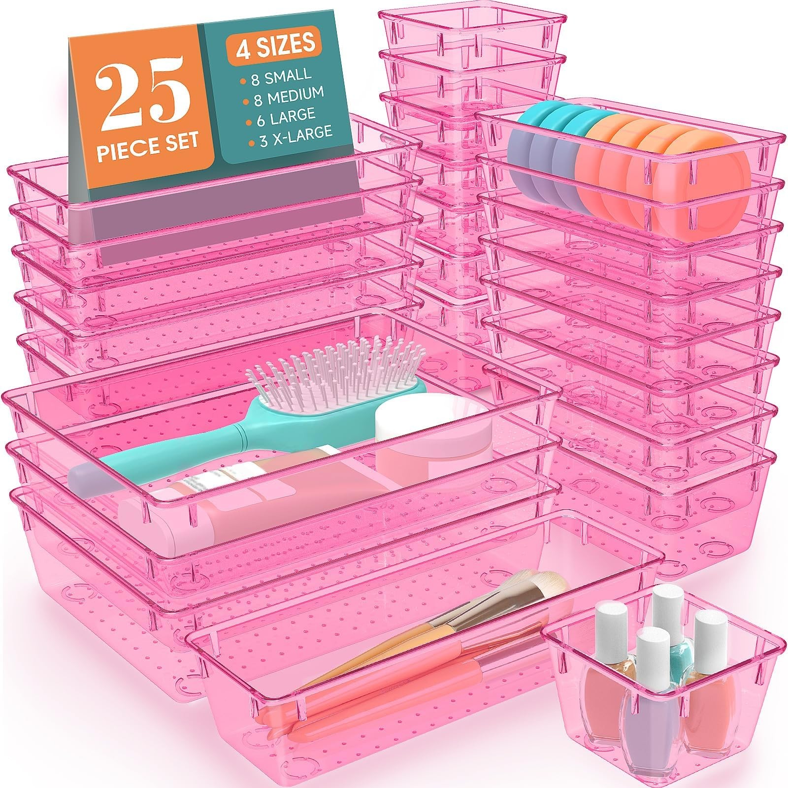 SpaceHacks 25 Pcs Drawer Organizer Set Clear Pink 4 Size Storage Trays