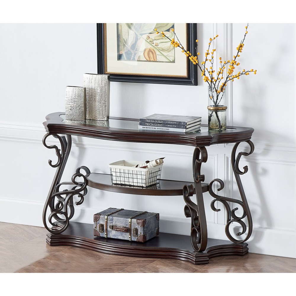 Brown 54"Lx20"Wx30"H Sofa Table Glass Top, MDF w/Marble Paper Shelf, Metal Legs