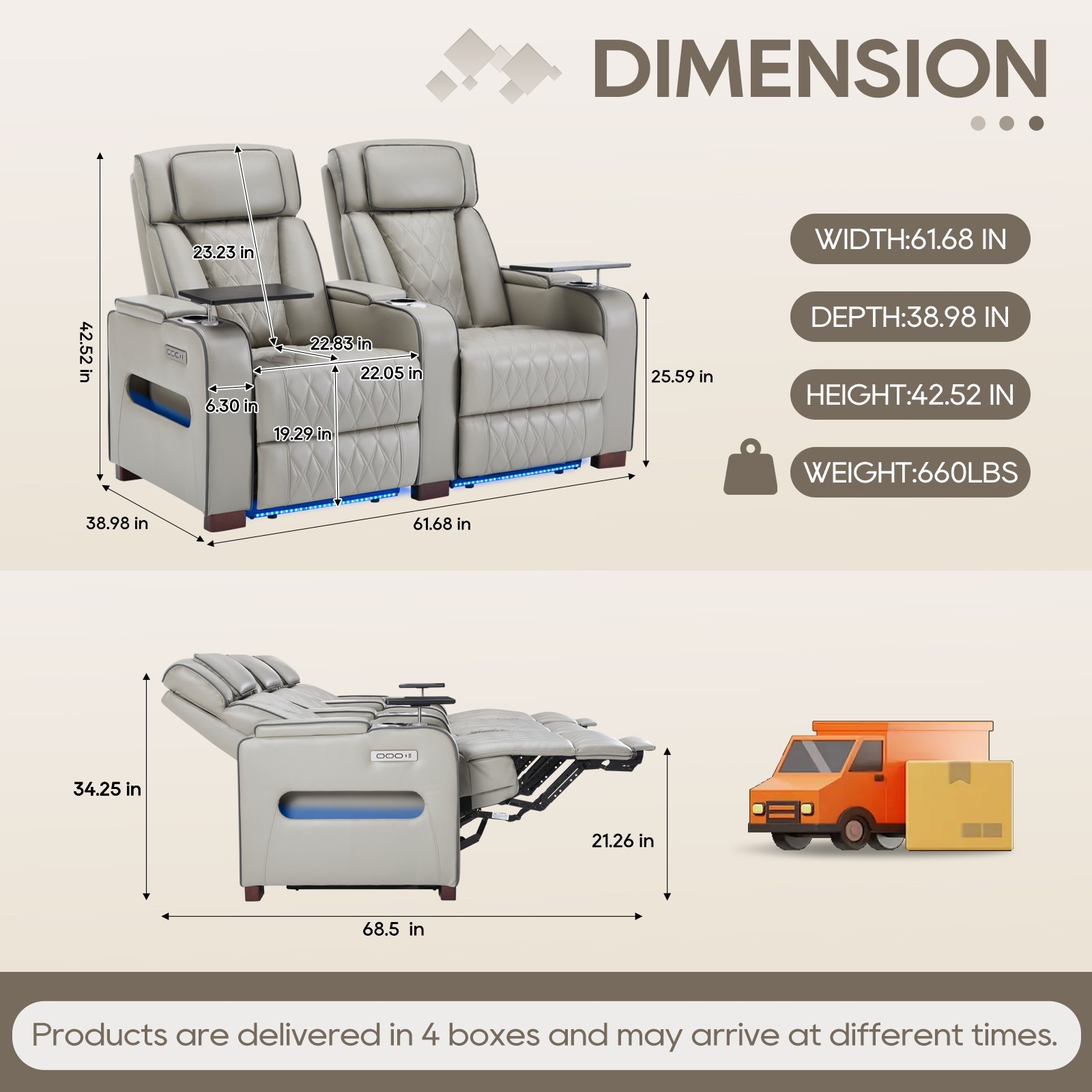 Home Theater Seating Power Recline Sofa With Powered Headrests, Table