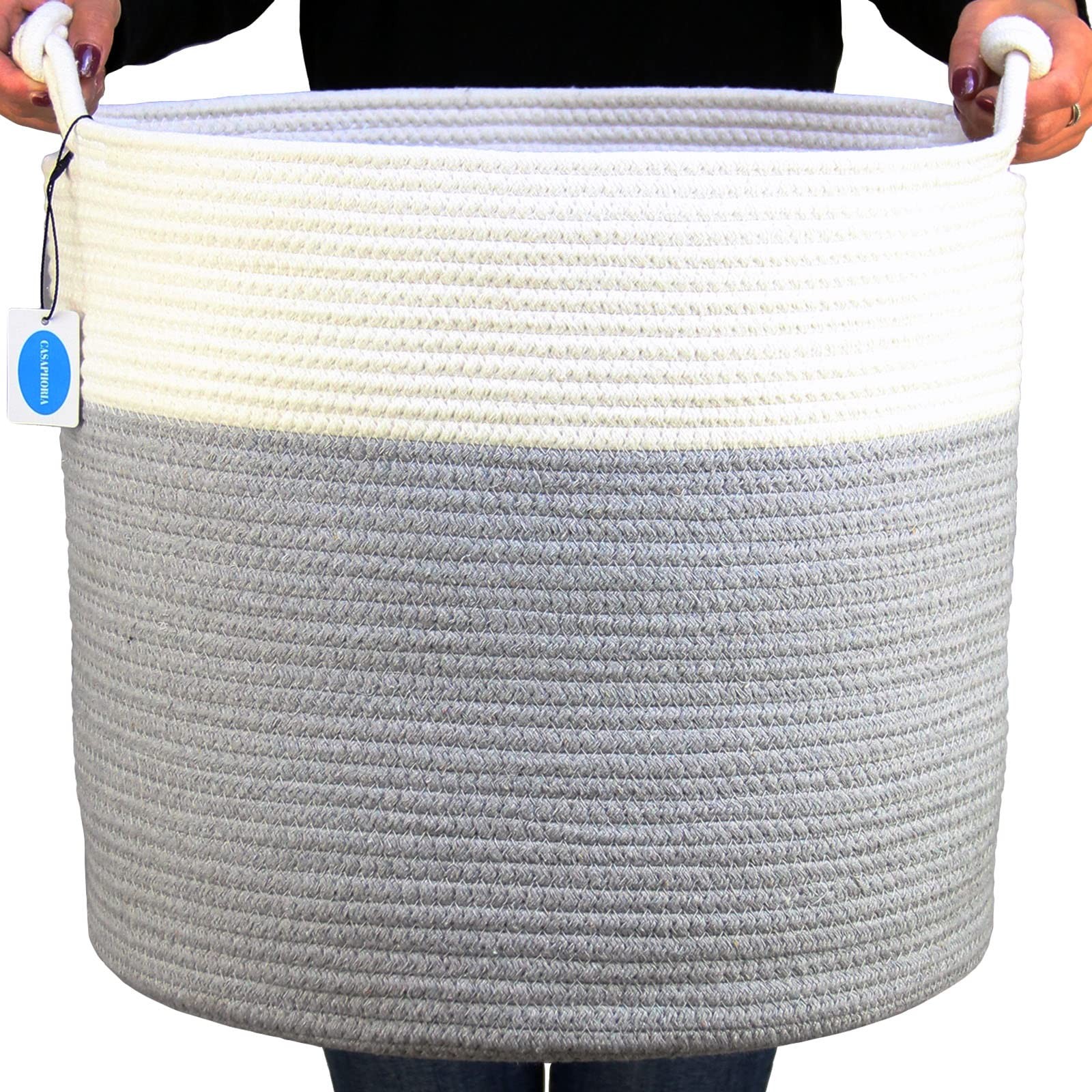 Casaphoria MB2021004 Woven Cotton Rope Basket with Handle, Light - MB2021004