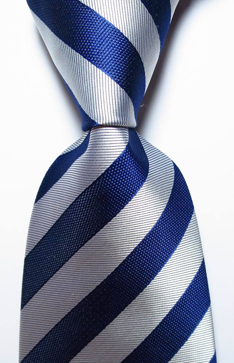 New Classic Striped Dark Blue Silver Gray JACQUARD WOVEN Silk Men's Tie Necktie