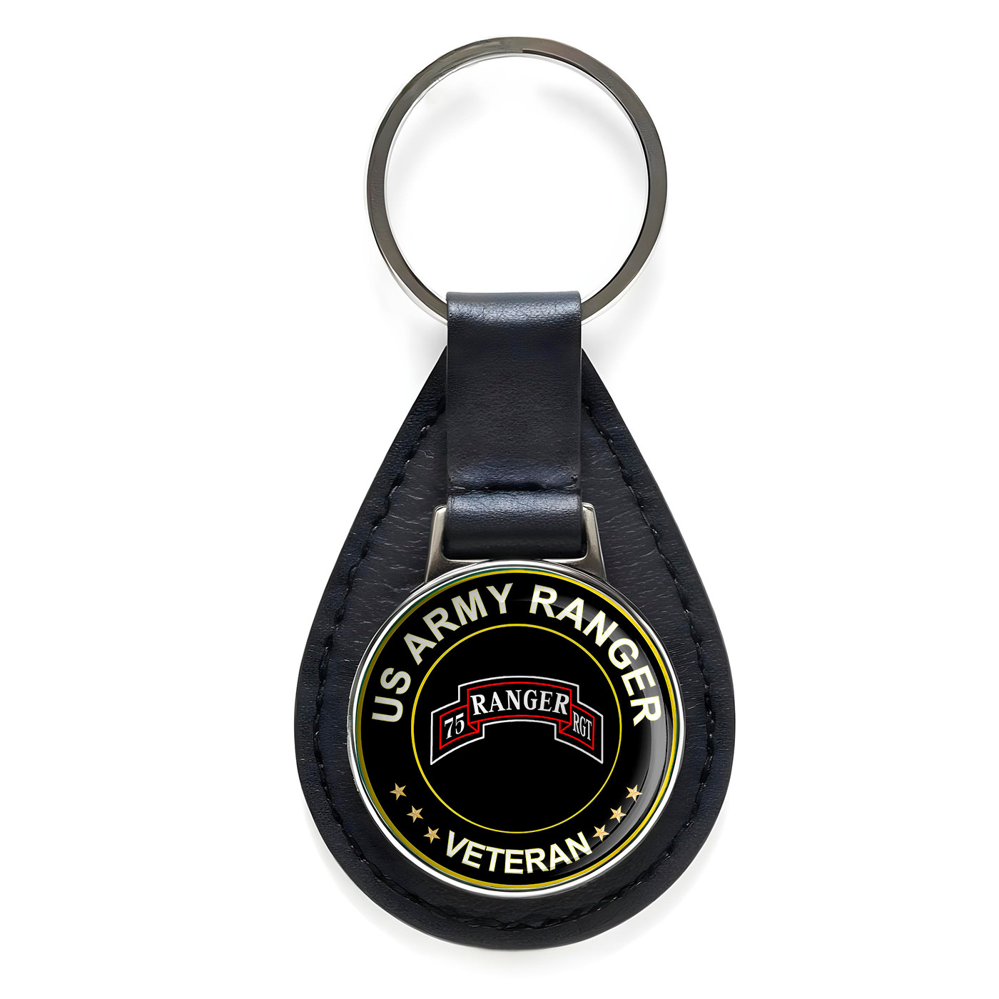 US Army Ranger Veteran Black Leather Keychain Silver Keyring Military Gift