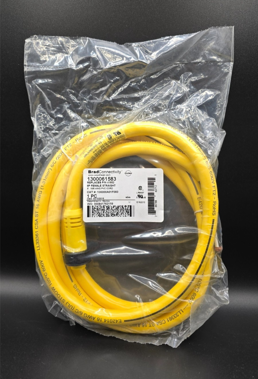 BradConnectivity 1300061583 M12 Cable – 41802 - 16/6 AWG - 6' - 6P Female — NEW