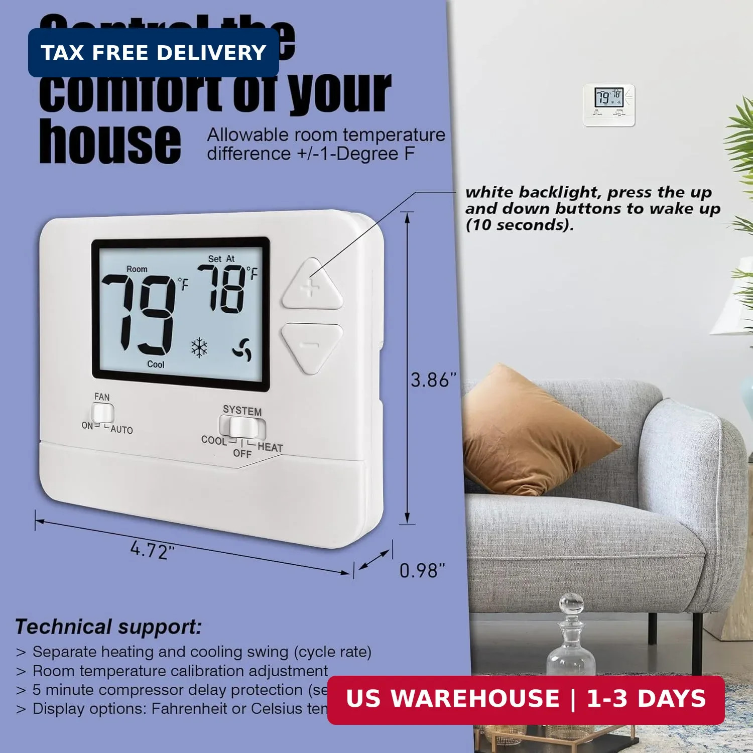 Heagstat Non-Programmable Thermostat for Home Conventional Single-Stage System,