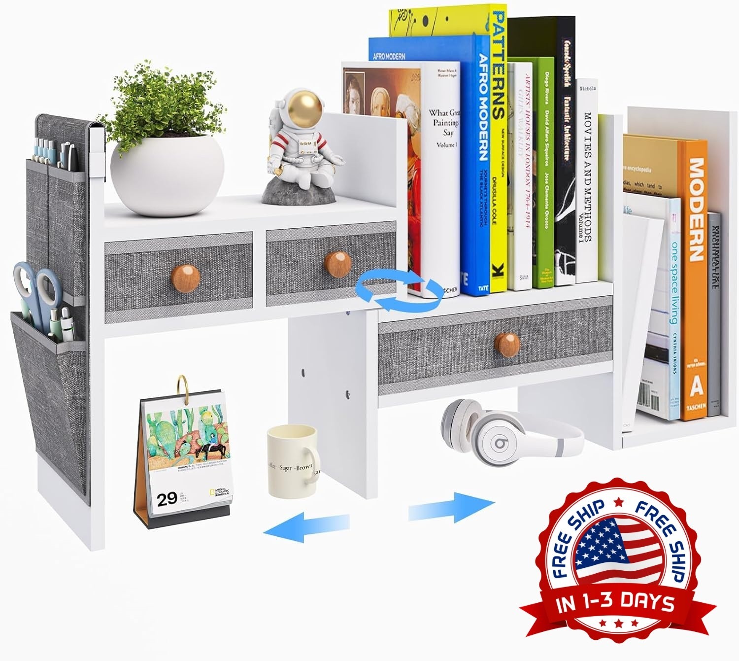 Estantes de escritorio ajustables para almacenamiento con 3 cajones (Blanca) NEW