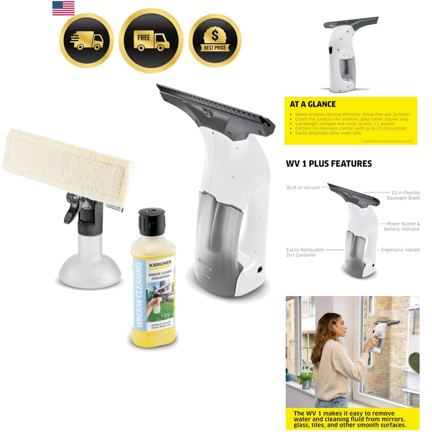 Kärcher WV 1 Electric Window Vacuum Squeegee 10" - Perfect for Showers, Mirro...