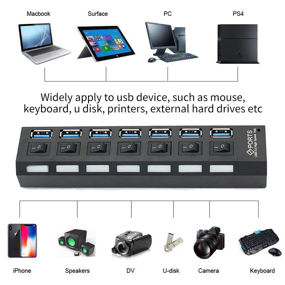 7 Port USB 3.0 Hub Splitter Adapter High Speed Extension For PC Laptop Desktop