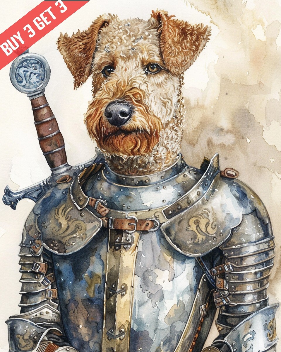 Lakeland Terrier in a Knights Armor Dog Watercolor Painting Print 8x10