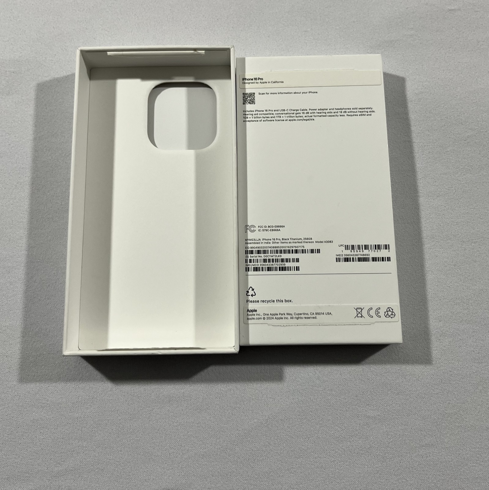 BOX ONLY Apple iPhone 16 Pro Black Titanium 256gb A3083 MYMG3LL/A Replacement
