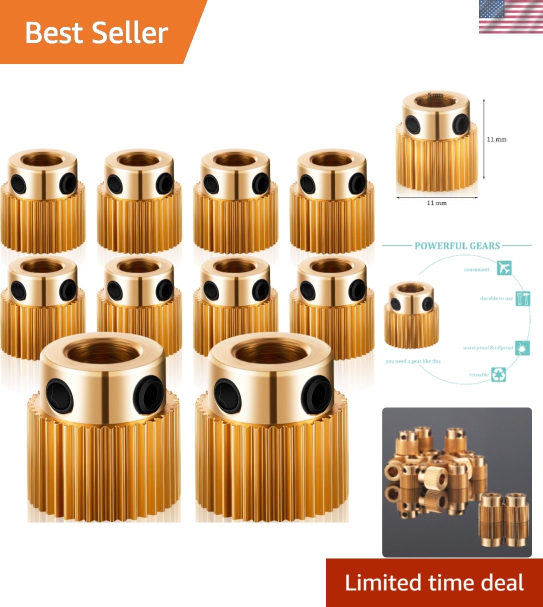 10 Pack Compact 40 Teeth Brass Extruder Gears - Boost 3D Print Performance