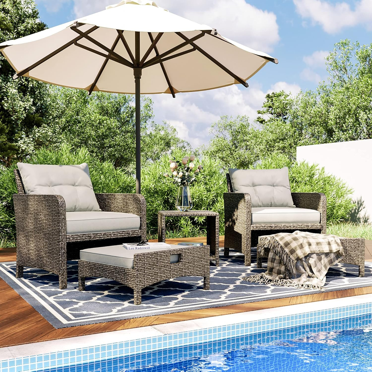 Outdoor Furniture 5 Piece Patio Conversation Set, Wicker Rattan Patio Set with S