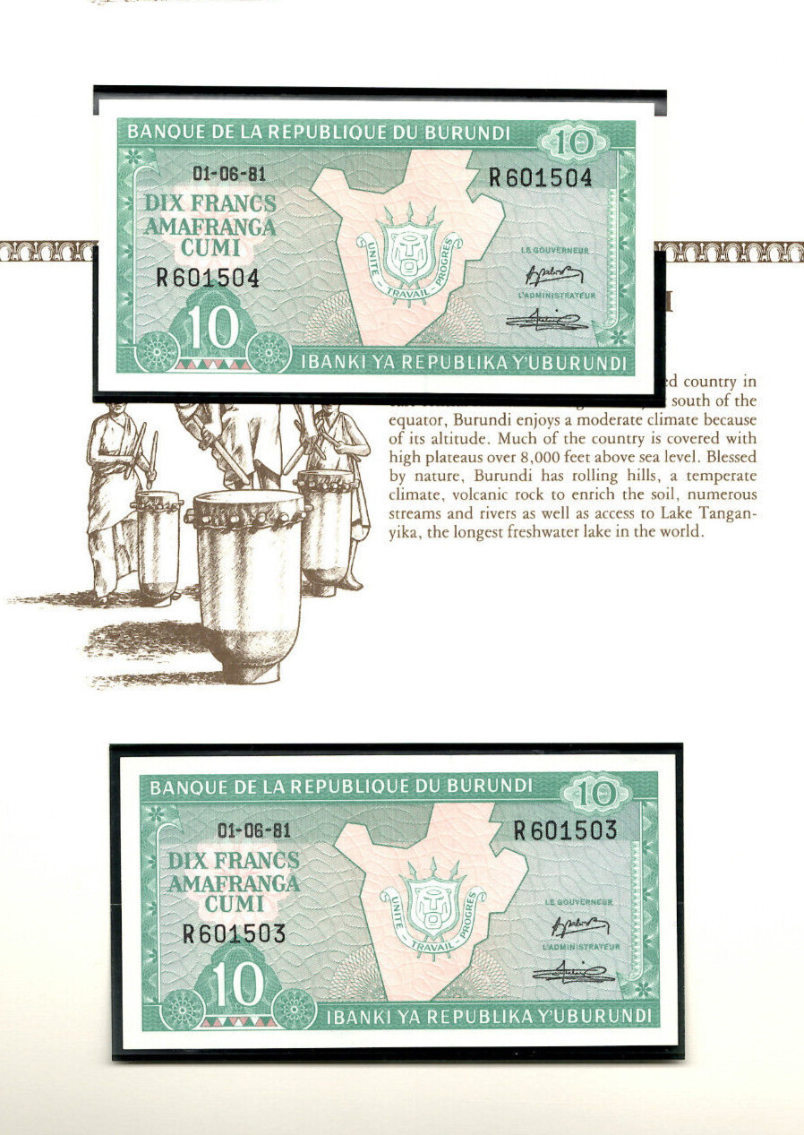 Burundi Banknote 10 Franc 1981 UNC P-33a UN FDI FLAG STAMP Consecutive R601503,4