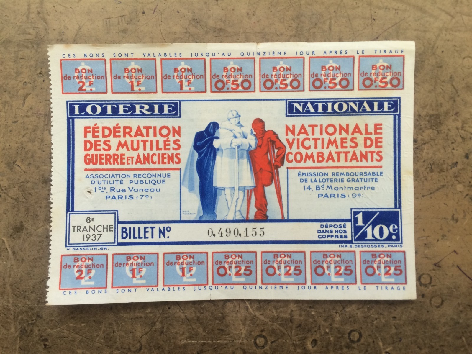 FRANCE NATIONAL LOTTERY for the MUTILATED SOLDIERS ILLUSTRATED with 14 COUPONS