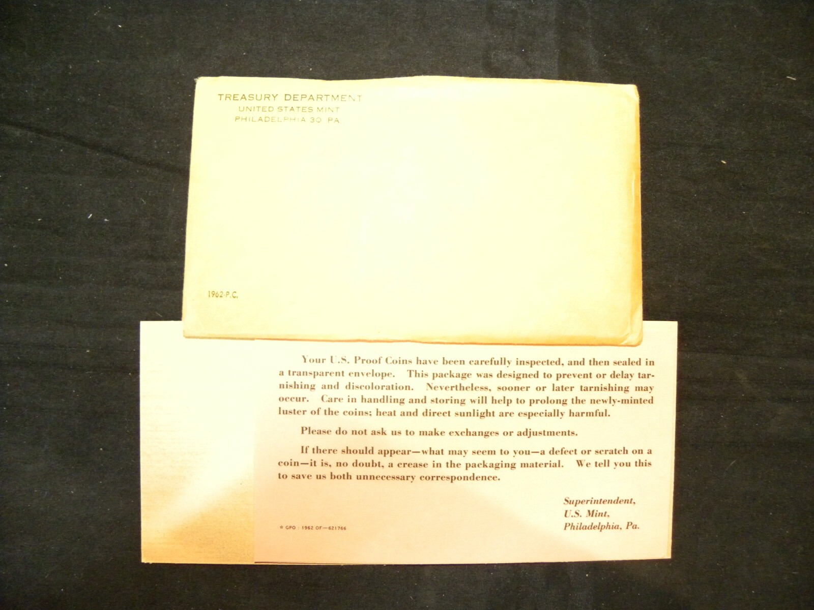 1962 US PROOF SET ENVELOPE AND PROTECTIVE CARDBOARD INSERTS  NO COINS