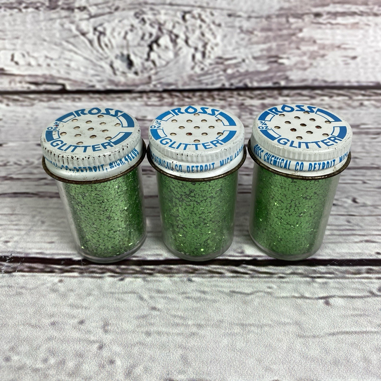 Vintage Ross Aluminum Glitter Green 3/4 oz Shaker Jar 1980's Lot of 3