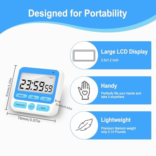 Multifunctional Kitchen Timer with Silent/Alert Mode, 24-Hour Clock, Blue