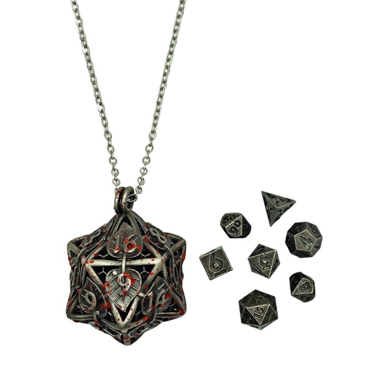 Metal Hollow Leaf Mini Dice Necklace Set Dungeons and Dragons