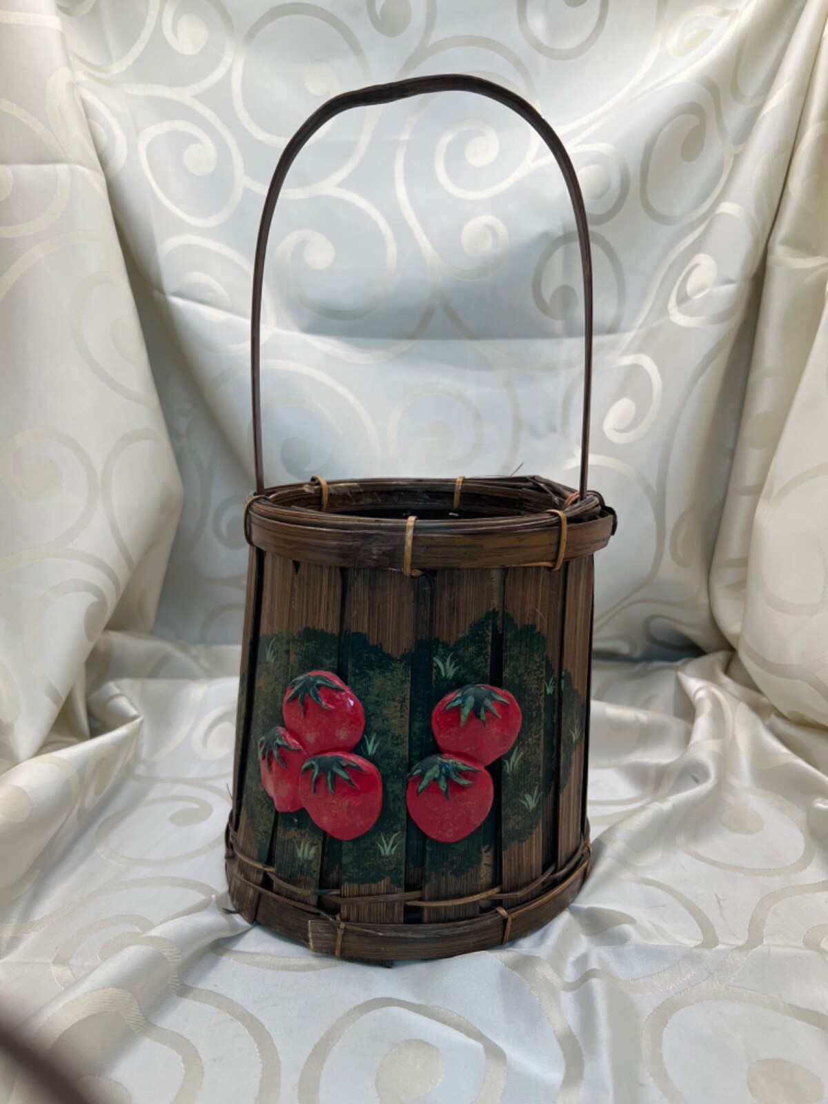 Vintage basket with tall handle hand painted tomatoes